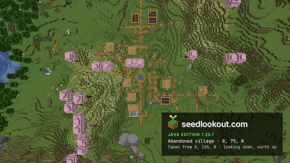Top-down view of an abandoned village with a central well, farm plots and cherry trees to the west
