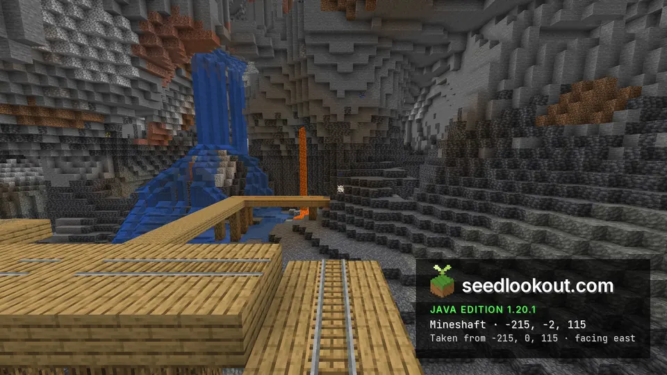 Mineshaft plank bridge with rails in a large deepslate cave with a waterfall and a lava fall